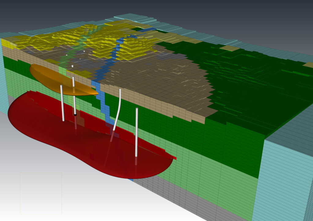 Un ejemplo de un modelo geológico construido en Leapfrog Energy que se utiliza para la simulación de yacimientos en el software Volsung de Flow State Solutions. (fuente: Soluciones de estado de flujo)