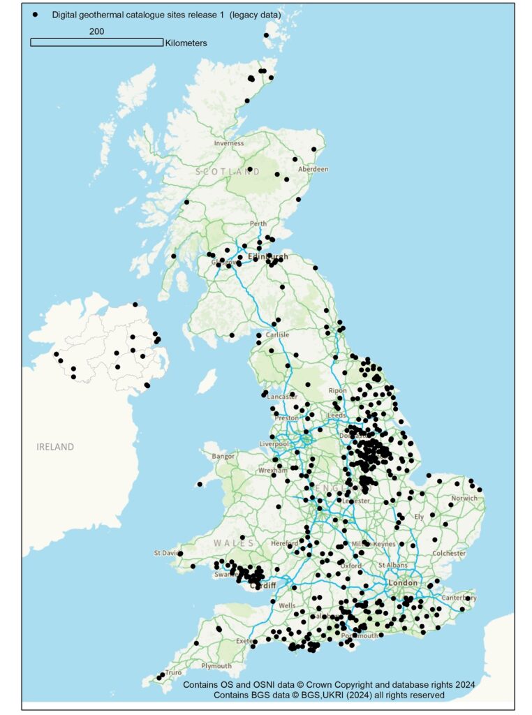 Mapa que muestra la distribución de sitios en la primera versión digital del catálogo geotérmico heredado BGS©UKRI.