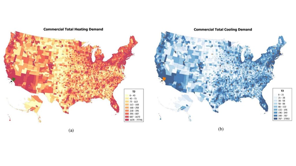 Demanda comercial de (a) calefacción y (b) refrigeración en EE. UU. en terajulios (TJ) (Oh y Beckers, 2023)