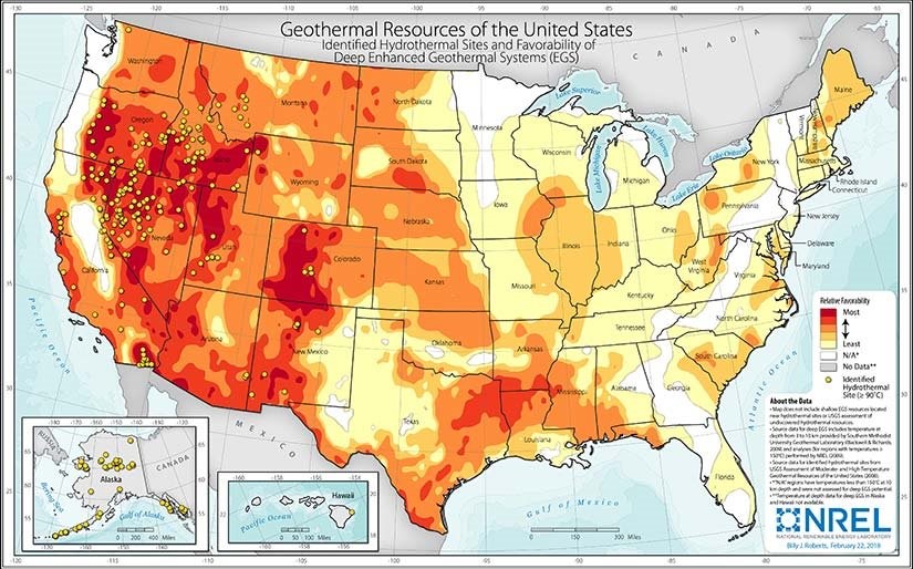 Recursos geotérmicos de Estados Unidos disponibles y limitaciones de coubicación: no disponible en todas partes (NREL, 2023)